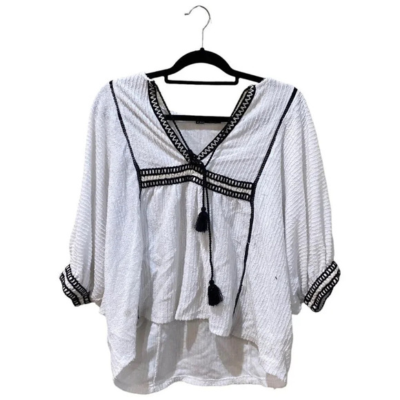 ZARA White Boho Blouse Cords Tassels Cotton Size Medium - Picture 2 of 9